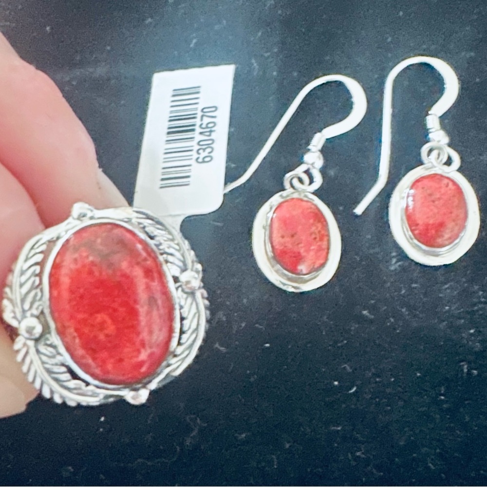 Plum Coral Solitaire Ring & matching Earrings in Sterling Silver (2 pc set) NWT